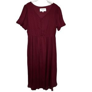 JESSAKAE Dress Womens XL Burgundy Swiss Dot Midi V Neck Button Detail JEE-011